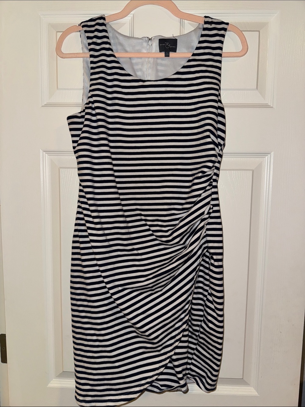 Navy & White Striped Sleeveless Ruched Dress